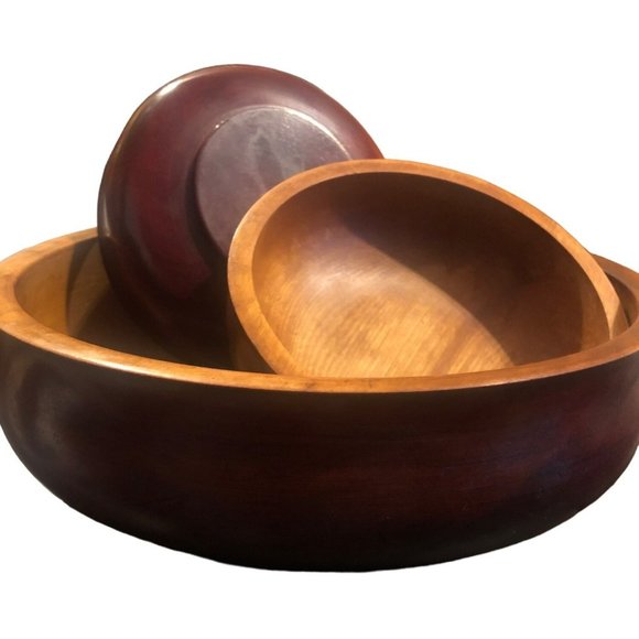 Wooden Serving Bowl w/2 Wooden Salad Bowls, MCM - Picture 6 of 6